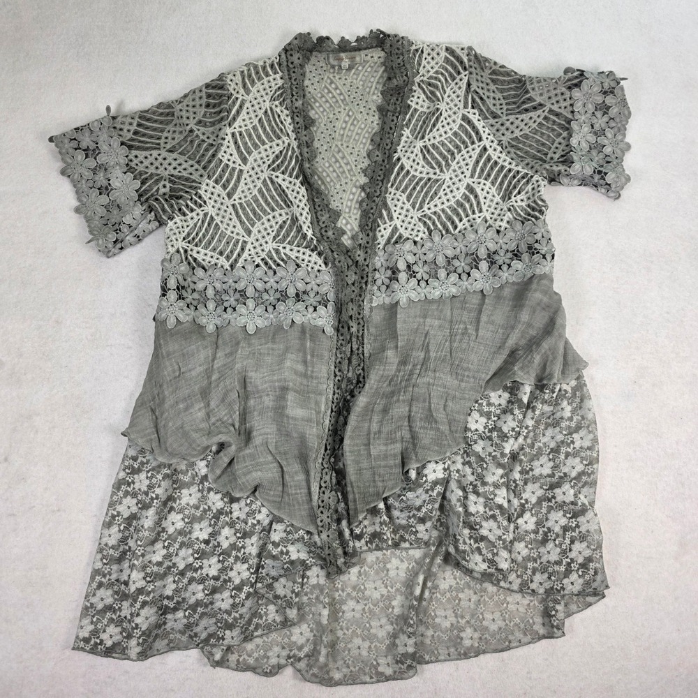 Simply Couture Women 2X Cardigan Sage Green Good Boho Lace Crochet Tiered‎ Mesh